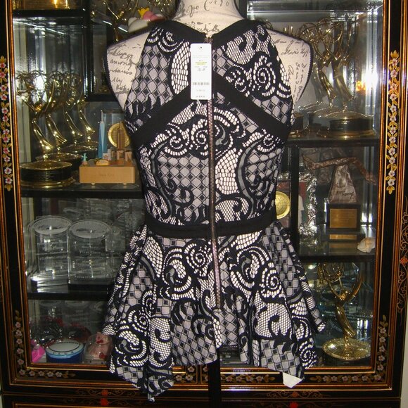 NWT BEBE BLACK LACE OVERLAY HALTER HANDKERCHIEF PEPLUM TOP S - Picture 4 of 6